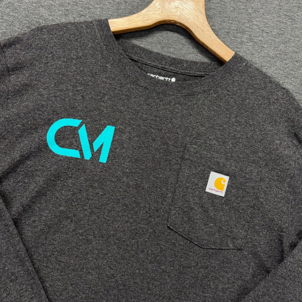Carhartt Long Sleeve Pocket Tee Mens M Loose Fit‎ Charcoal Back Print Graphic
